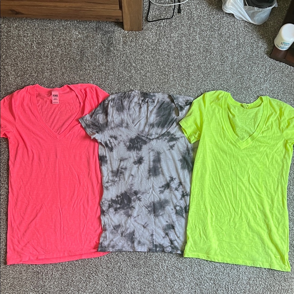 PINK Victoria's Secret Neon Pink, Tie-Dye Gray, and Neon Yellow Tees